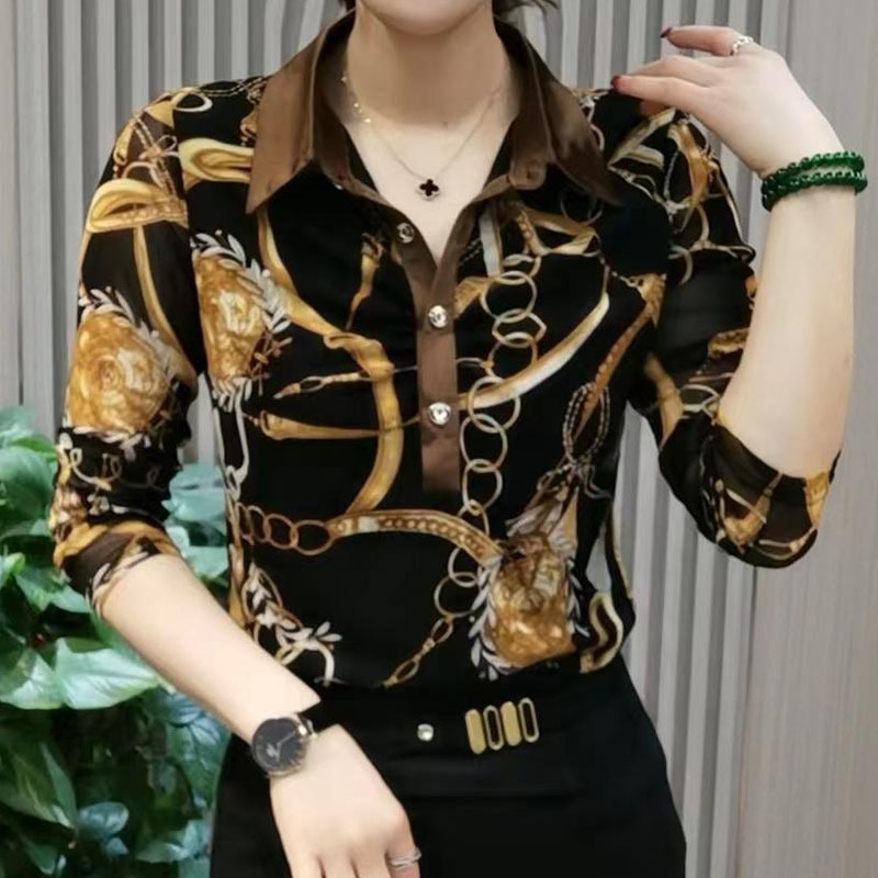 2024 New Stylish Long-Sleeved Shirt with Chain Collar and Floral Print, Slimming and Elegant Women's Mesh Top