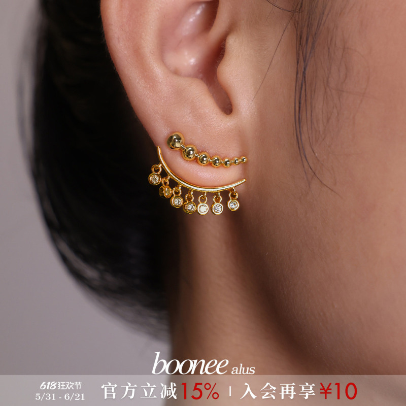 Boonee Alus Unique Gradient Sphere Metal Splicing Two-Way Wear Tassel Zircon Earrings, High-End New Style