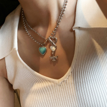 B O O N E E E CUPID ANGEL LOVING OT BUTTON BLUE OCEAN ROUND PEARL NECKLACE FEMALE HEART-SHAPED PENDANT LOCK BONE CHAIN TIDE