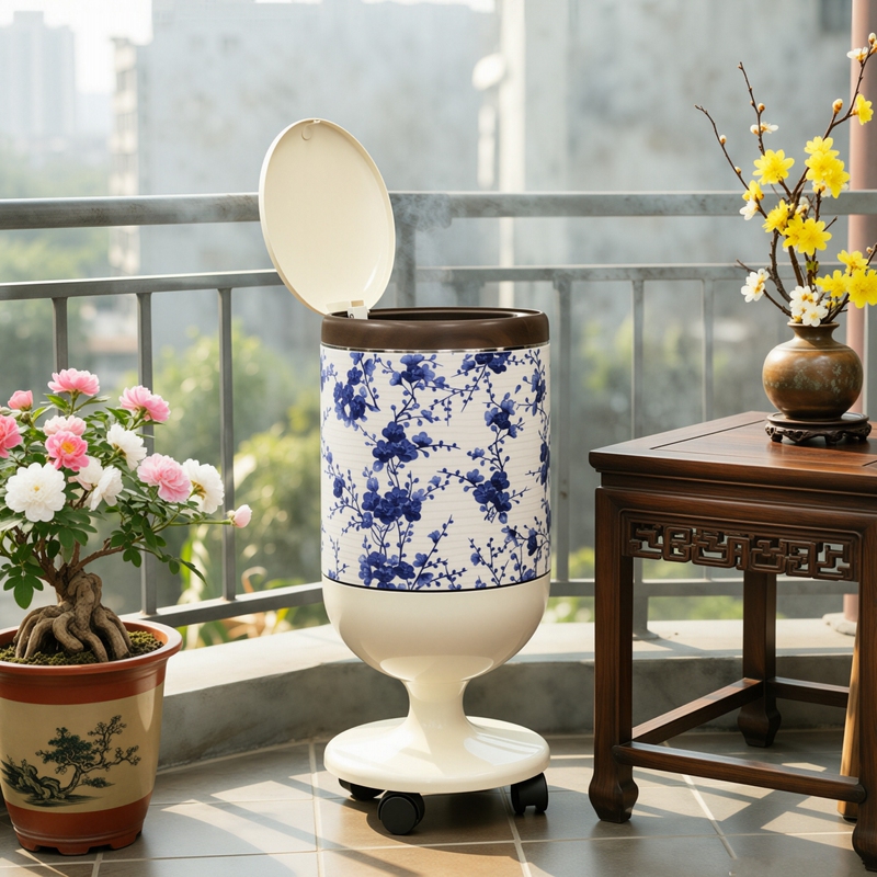 Kaidong Yipin Retro Blue and White Porcelain Trash Can with Wheels, Mobile, for Home Use in the Living Room, Chinese Style, No Need to Bend Over, High Aesthetic Value, New Model