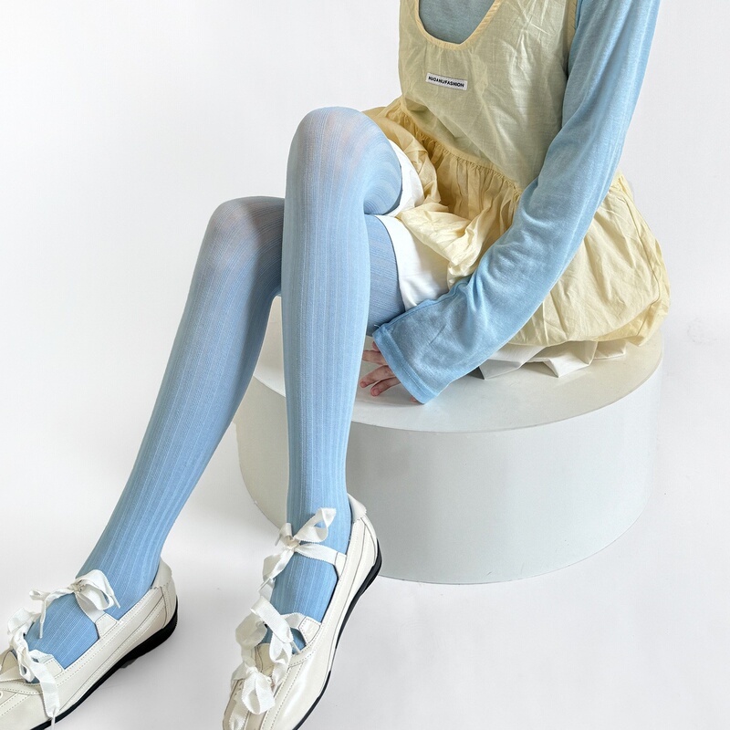 Wide Vertical Striped Pantyhose with Slight Compression for Slimming, Thin Spring and Autumn Leggings, Miu Colorful Outfit, Ice Blue, Light Blue Wide Vertical Striped Pantyhose with Slight Compression for Slimming, Thin Spring and Autumn Leggings, Miu Colorful Outfit, Ice Blue, Light Blue
