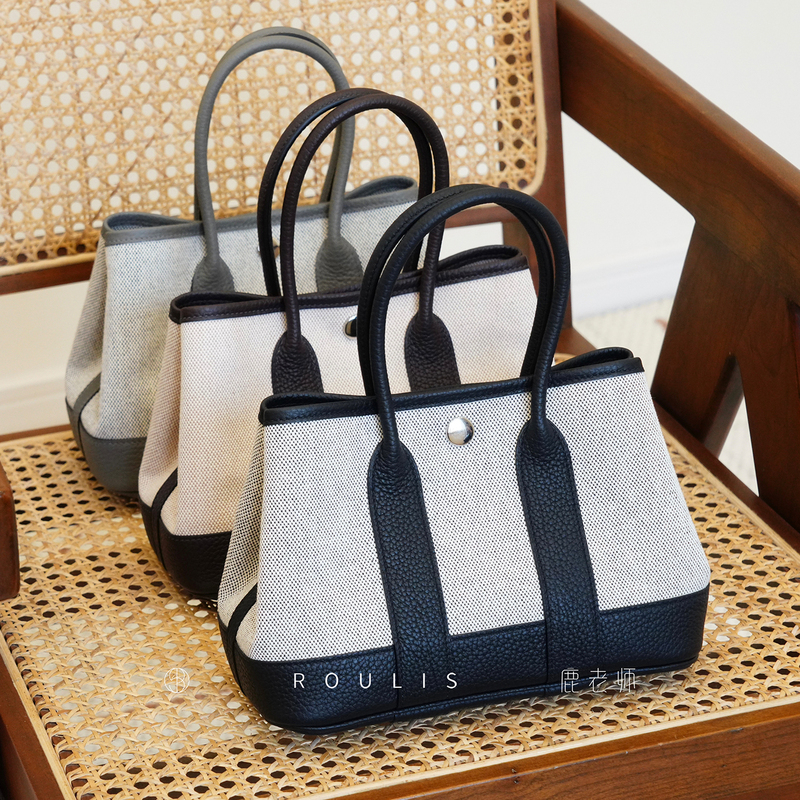 Crafted by Master Lu | Waxed Thread Hand-Sewn Imported Cowhide Leather and Canvas Garden Party Mini Garden Bag