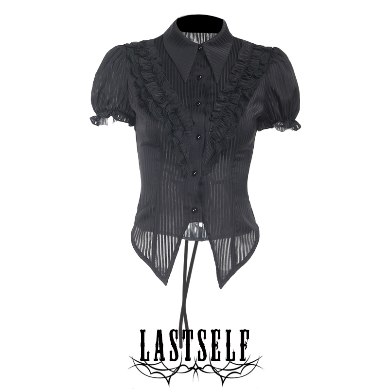 Lastself Medieval Retro Striped Short-Sleeved Shirt Subculture Lace-Up Waist Top for Women