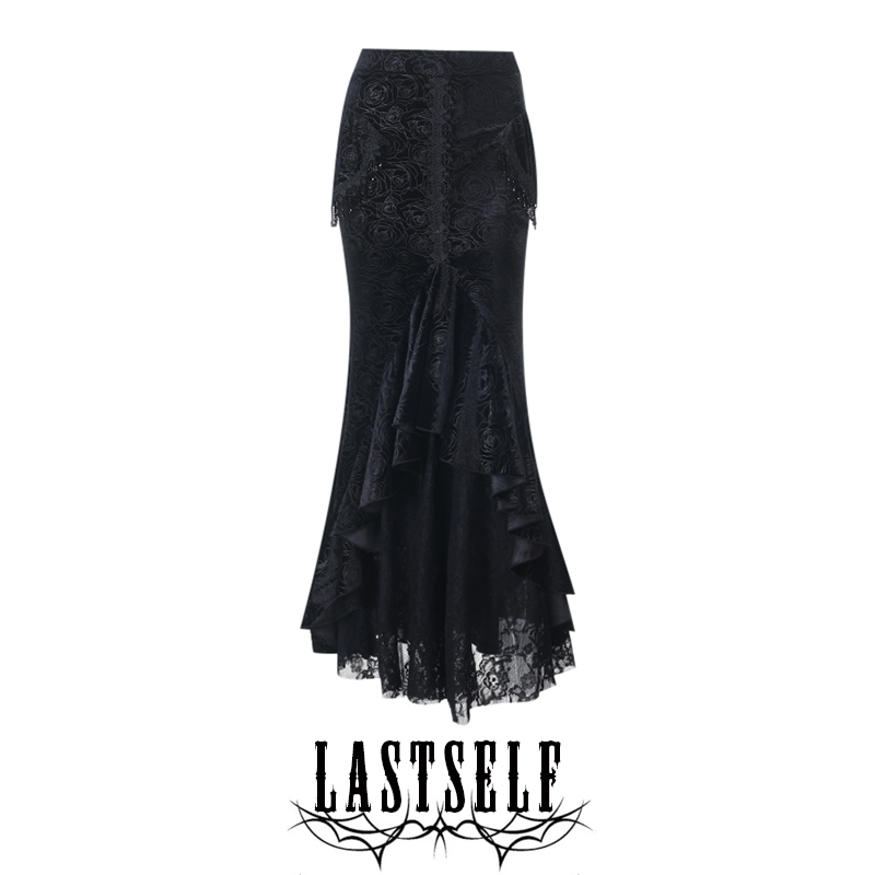Lastself Desperate Romance Gothic Jacquard Lace Skirt Vintage Dark Irregular Fishtail Long Skirt