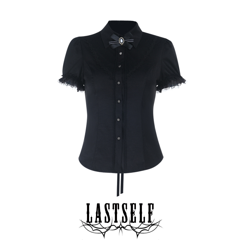 Lastself Dark College Lace Bow Patchwork Short Sleeve Shirt Women's Lace-Up Waist Temperament Top Summer