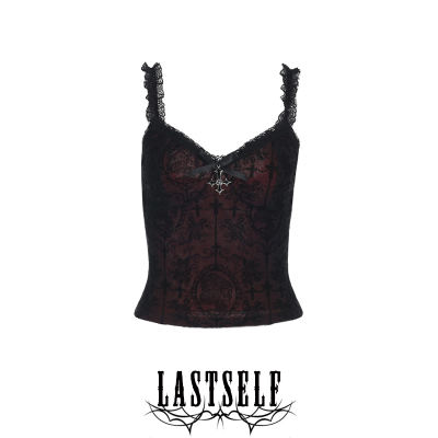 Lastself Blood Night Song Retro velvet mesh patchwork dark Red Cross pendant halter vest for women