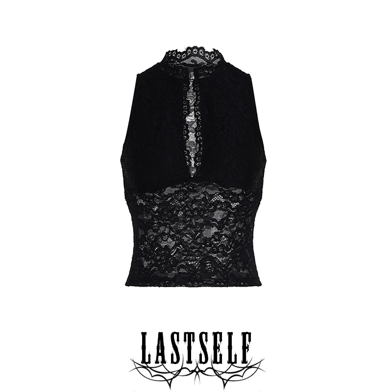 Lastself Widow's Night Sexy Lace Hollow Out Tank Top for Women Black Elegant See-Through Slim Fit Sleeveless Top