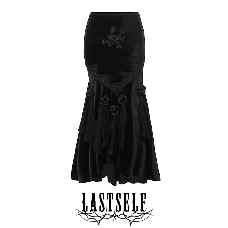 Lastself Rotting Flower Dark Velvet Embroidered Three-Dimensional Rose Fishtail Skirt Elegant Bodycon Midi Skirt Lastself Rotting Flower Dark Velvet Embroidered Three-Dimensional Rose Fishtail Skirt Elegant Bodycon Midi Skirt