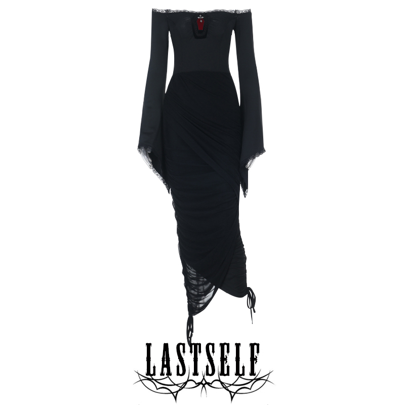 Lastself Duchess Gothic Style One-Shoulder Long-Sleeve Dress with a Cinched Waist, Slimming and Elegant, Bodycon Long Dress