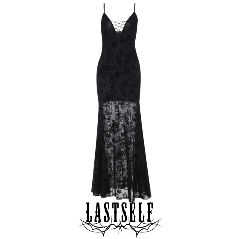 Lastself Black Rose Retro Elegant Mesh Flocking Suspender Dress Sexy Strappy V Neck Long Skirt