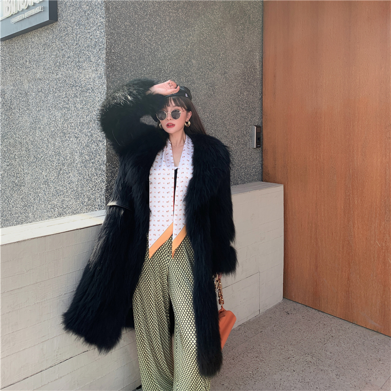 2022 new large lapel imported crown raccoon fur mid-length whole leather woven fur coat women's fur coat