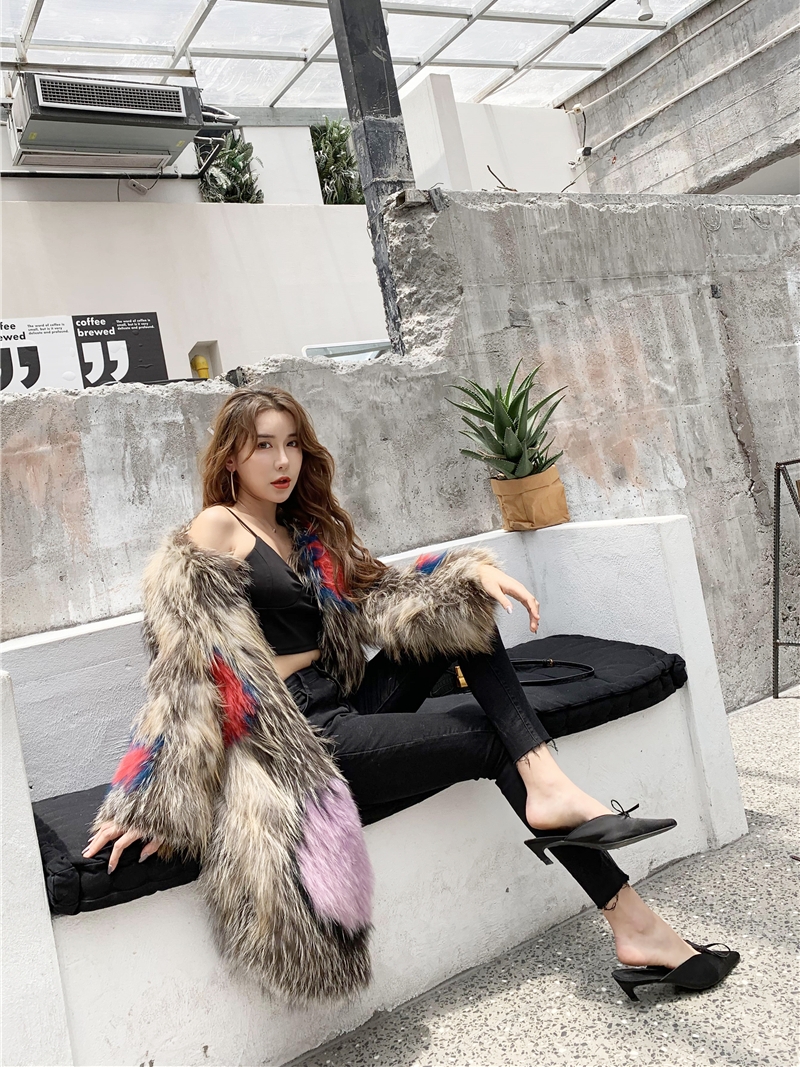 2022 new imported fox fur woven fur coat women's mid-length whole fur coat contrasting color woven long sleeves