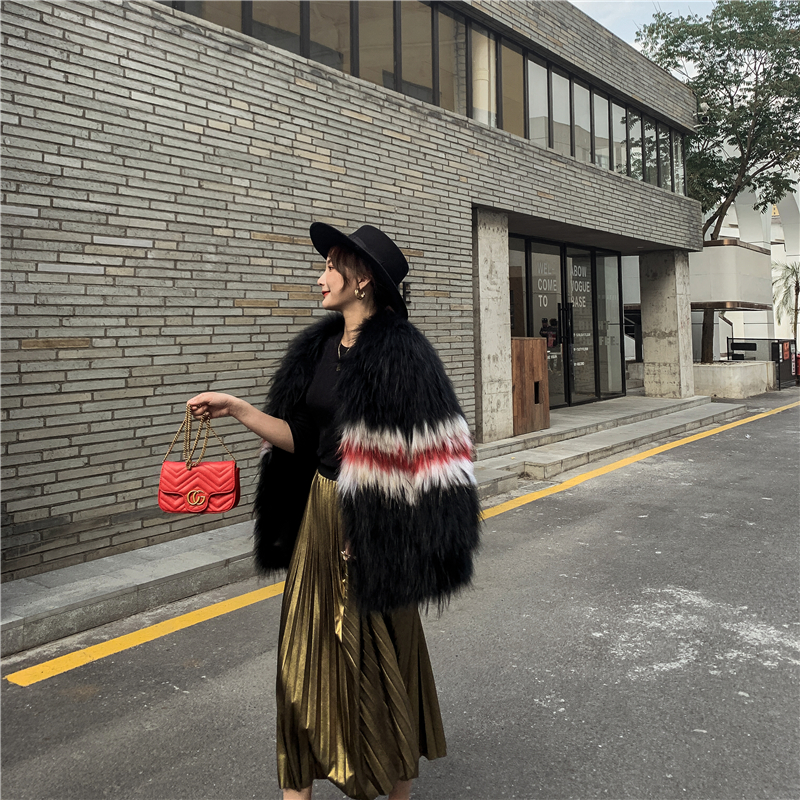 Raccoon fur woven fur coat women's mid-length style, color-blocking long-sleeved Korean style round neck anti-season 2022 winter new style