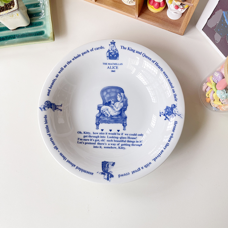 Original Export European Retro Style Alice in Wonderland Blue and White Ceramic Soup Bowl Large Bowl Dish Plate for Home Use
