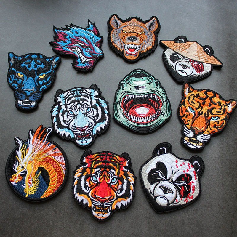 Full Full Embroidery Magic Sticker Animal Badge Jungle King Tiger Head Morale Badge Kung Fu Panda Arm Badge Shark Sticker