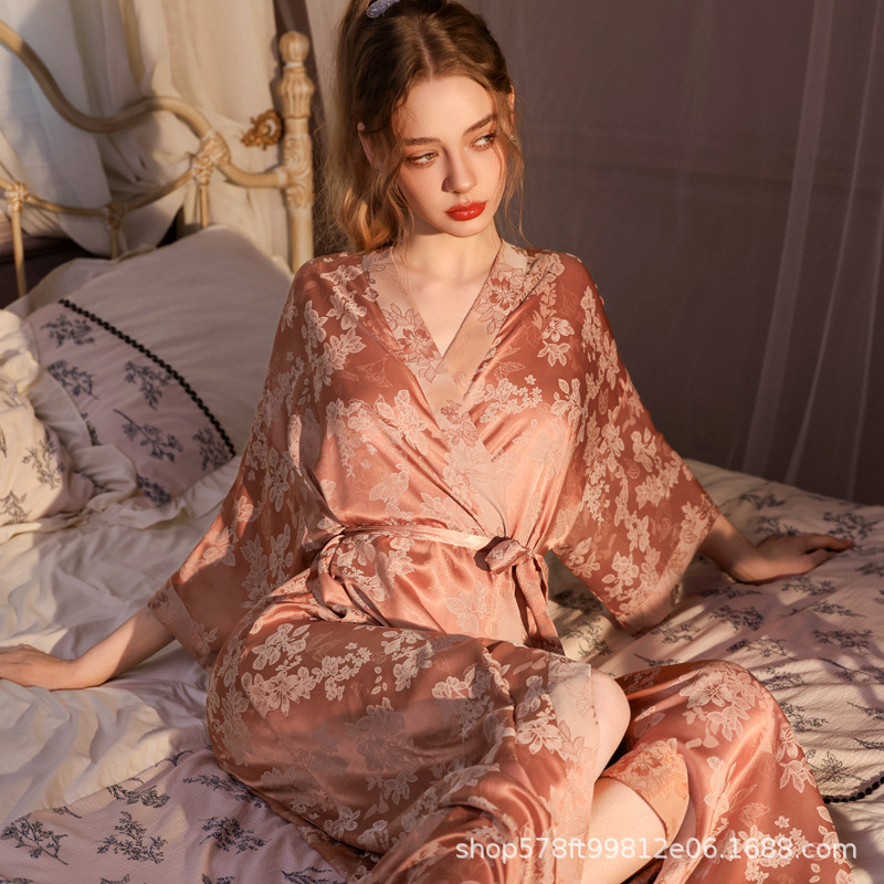 Women's Silk Bathrobe, Sexy Nightgown, Summer Silk Robe with Chinese Style Print, Spring and Autumn Silk Bathrobe