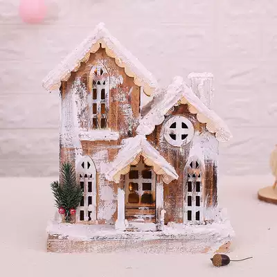 Christmas decorations Wooden small house castle with lights window scene Christmas cabin decoration snow layout