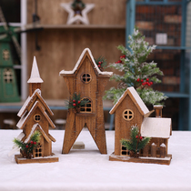 Christmas Wood Small House Wooden Castle Adornment Tabletop Pendulum Pieces Christmas House Gift Luminous Scene Arrangement