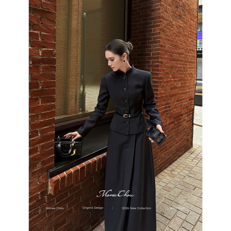 Zhou Shishi【Wubushu】British-Style Old Money Black Small Stand-Up Collar Waist-Cinching Blazer and Skirt Formal Suit Zhou Shishi【Wubushu】British-Style Old Money Black Small Stand-Up Collar Waist-Cinching Blazer and Skirt Formal Suit