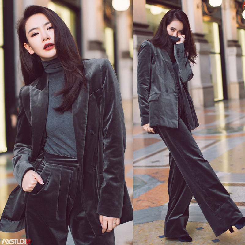 Qi Wei same gold velvet suit female autumn winter Korean wind suit trousers fashion two pieces