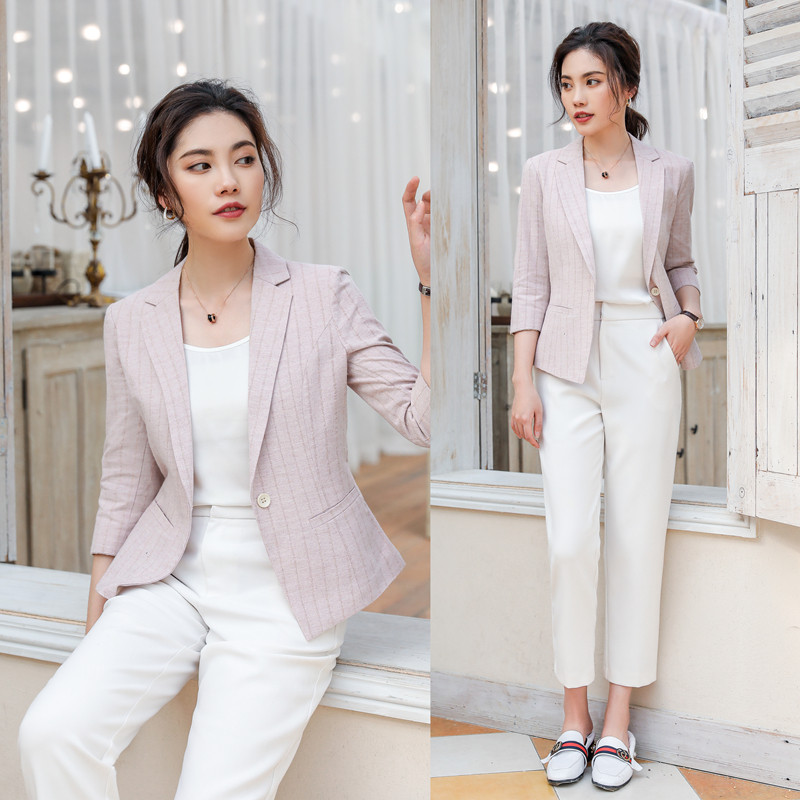 2020 spring new sashimi slim fit 70% sleeves linen small suit women streaks 100 hitch casual short suit jacket