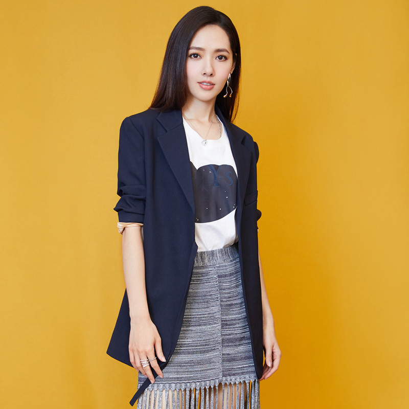 2022 spring and autumn thin jacket female Guo Biting star same style blue casual suit slim tie small suit female