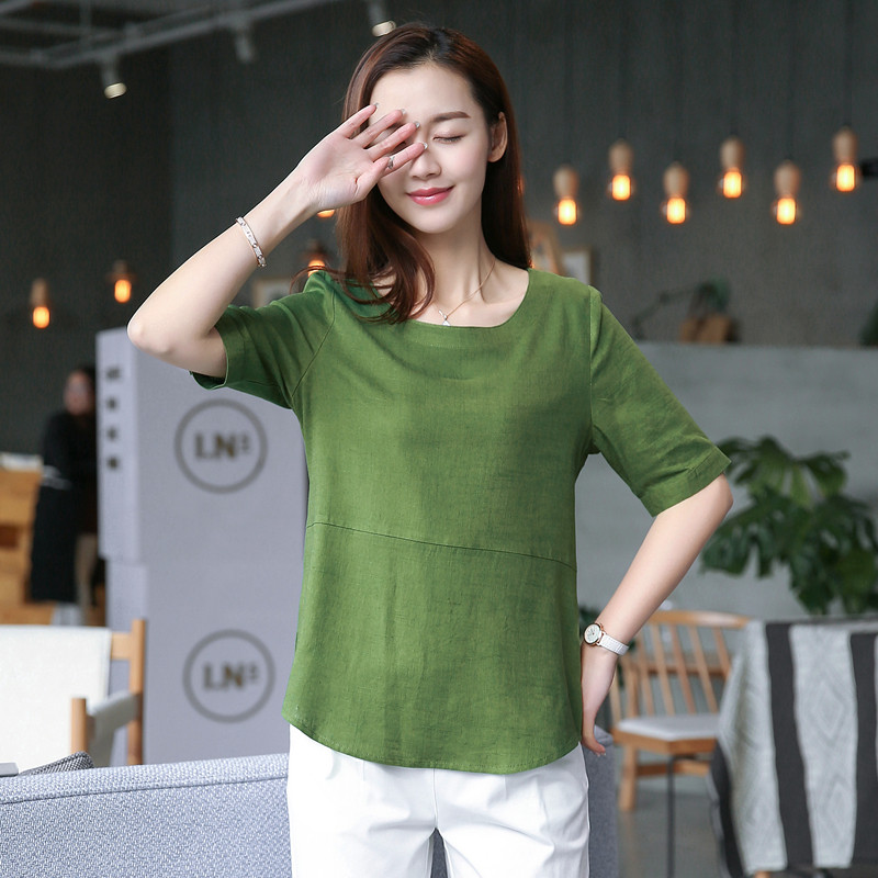 Cotton and linen short-sleeved women's T-shirt 2021 summer new women's top loose literary and versatile t-shirt fashion bottoming shirt
