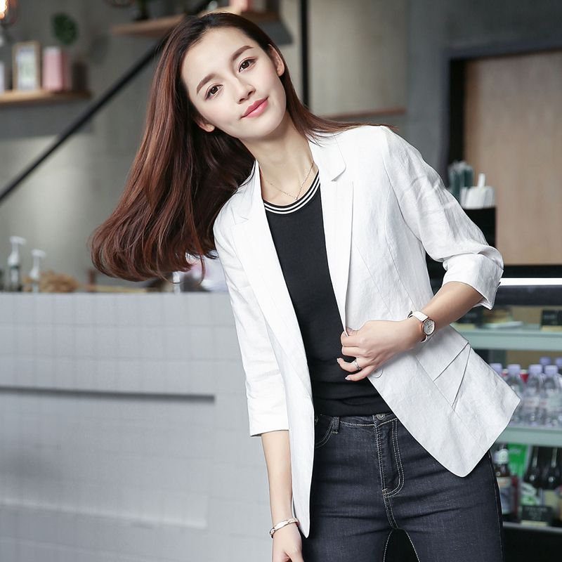 2019 mùa xuân mới Linen nhỏ Suit nữ ngắn Coat Bảy-Sleeve Kem chống nắng của phụ nữ bông Anderline nữ Slim Body