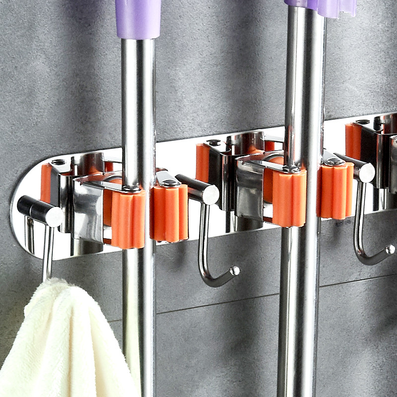 Makeup Room Toilet 304 Stainless Steel Mop Hooks Broom Ground Tow Clip Holding Layer Shelf-Free Nail Free