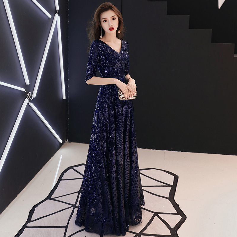 Plus-Size Sequin Evening Dress for Women, Suitable for Chubby Figures, Slimming Effect, Banquet, 100kg Elegant and Classy Host Performance, Blue