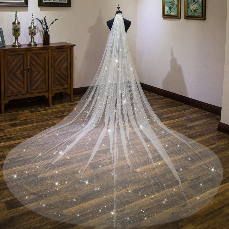 Champagne star veil female bride long tail wedding dress wedding veil headdress long version super fairy forest white