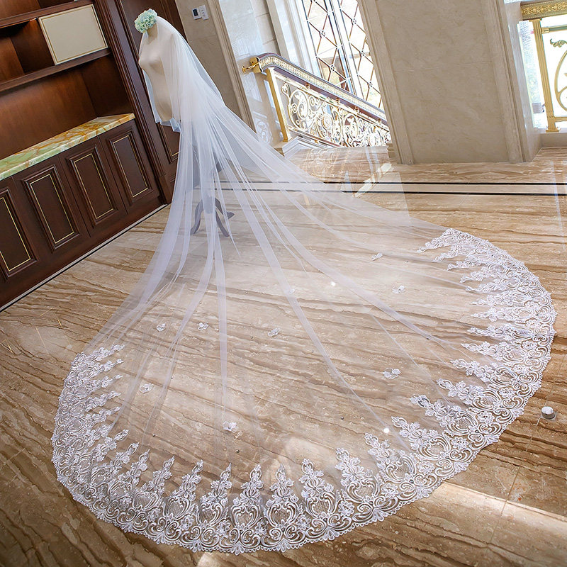 Champagne star veil female bride long tail wedding dress wedding veil headdress long version super fairy forest white