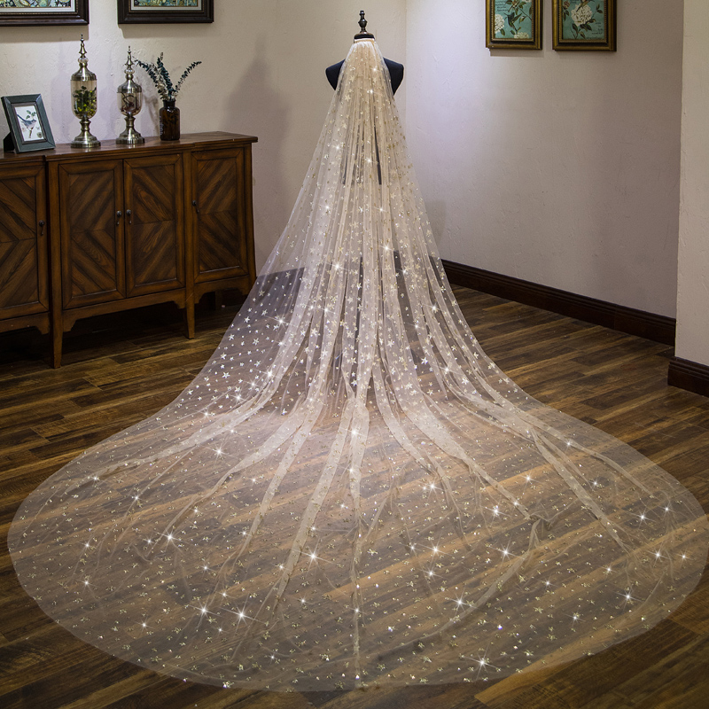 Champagne starry sky veil Female bride super long tail wedding wedding veil headdress long version super fairy forest white
