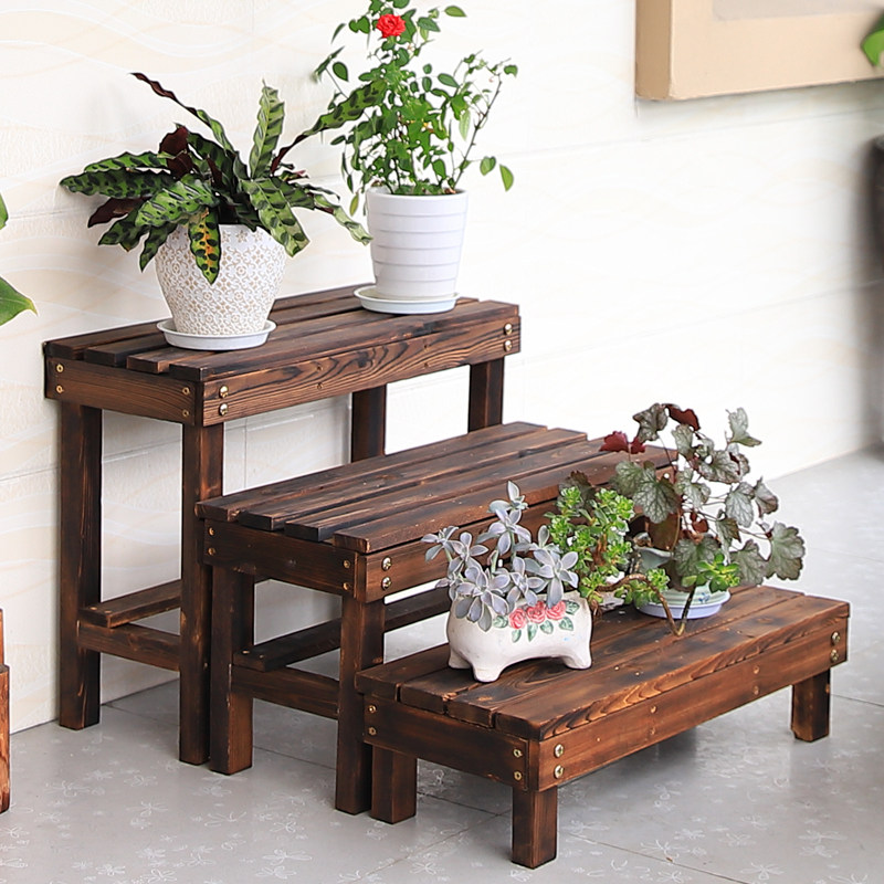 Outdoor Carbonation Anticorrosive Wood Flower Shelf Indoor Living Room Wooden Combined Flower Pot Shelf Multilayer Patio Ladder Shelf