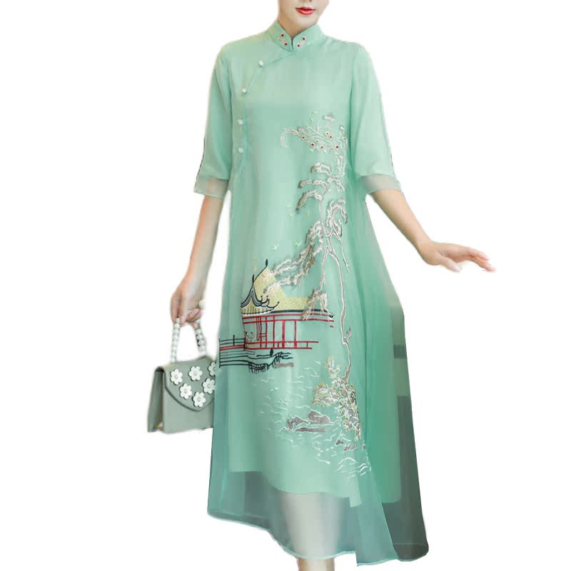 2020 Spring / Summer Nguyên Đán Gió Siêu Tiên dài váy Young Girl Vintage thêu Cải thiện Cheongsam ăn mặc