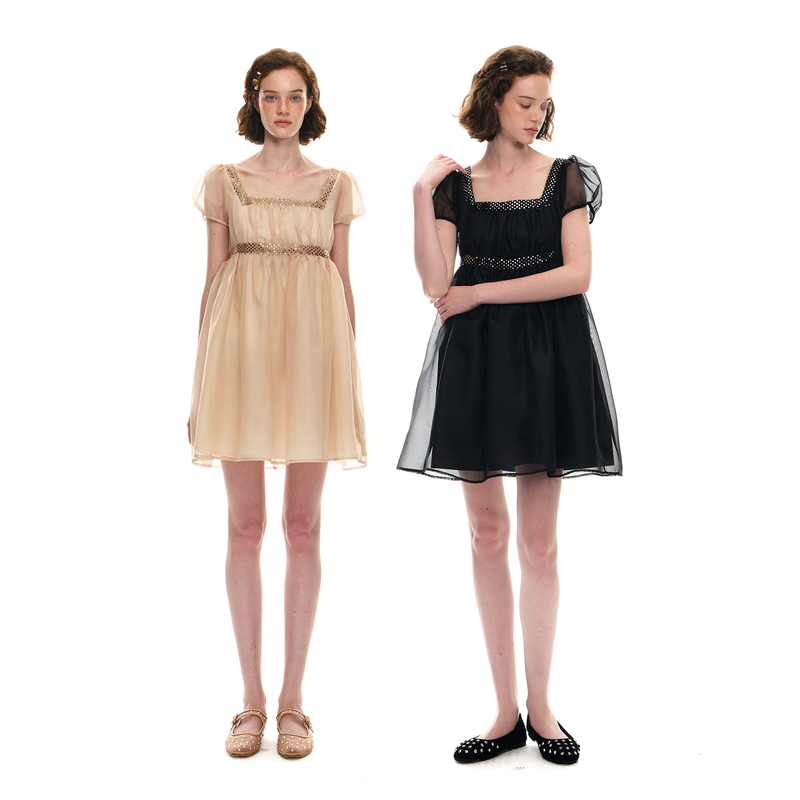 Romance Nanci Sequined Puff Sleeve High-Waisted Dress A-Line Doll Style Organza Puffy Princess Dress