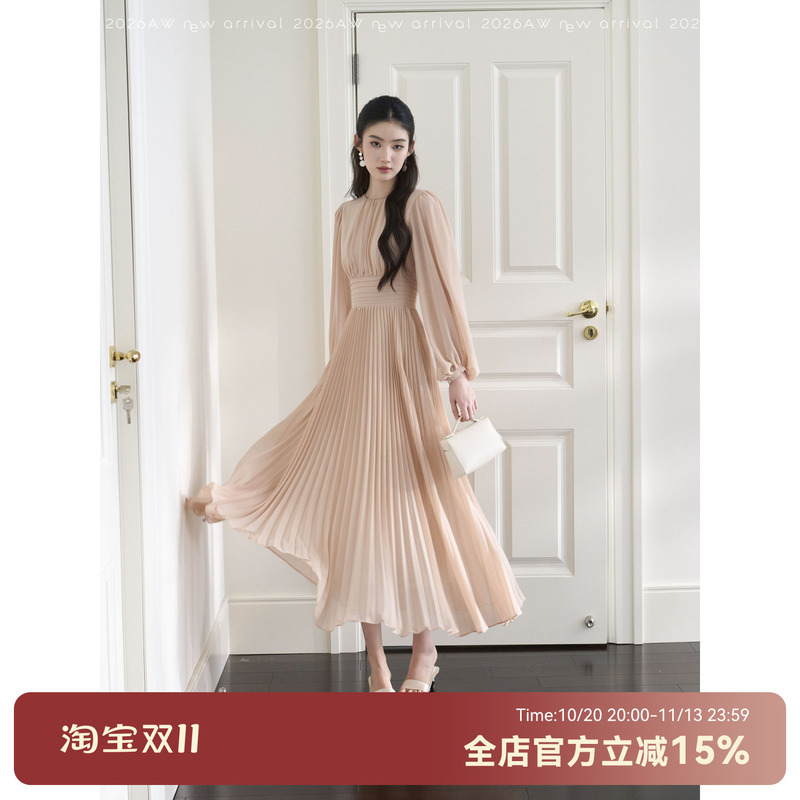Send a Letter｜Valse Waltz French Elegant Round-Neck Pleated Long Dress in Nude Pink, Waist-Cinching, Slimming and Draping Dress