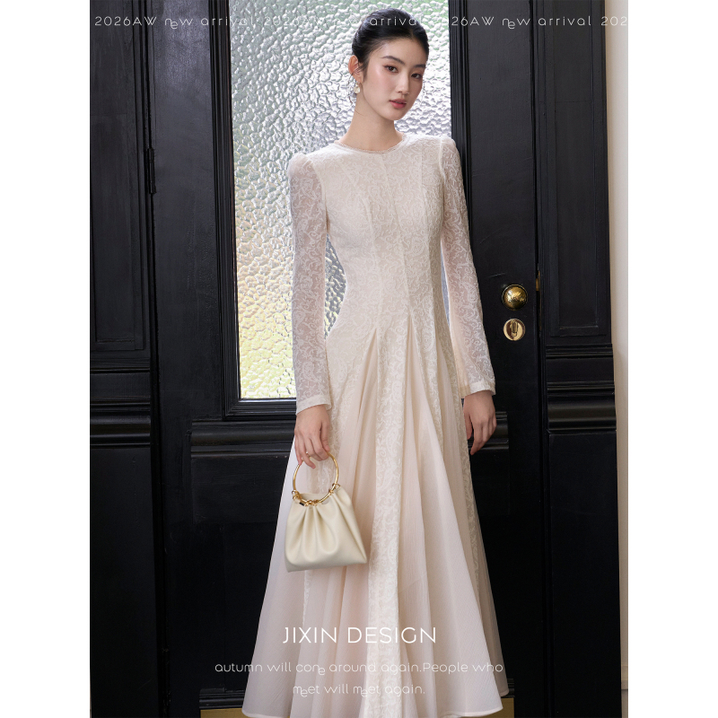 Send a Letter | Yunting Jacquard Lace Patchwork Dress Round Neck Slimming Waist Autumn Style Inner Layer Long Dress for Women Send a Letter | Yunting Jacquard Lace Patchwork Dress Round Neck Slimming Waist Autumn Style Inner Layer Long Dress for Women