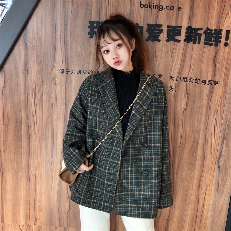 Bộ đồ len nhỏ nữ 2018 thu đông mới eo thon mỏng kẻ sọc retro kẻ sọc nhỏ phù hợp với áo khoác nữ áo dạ nữ