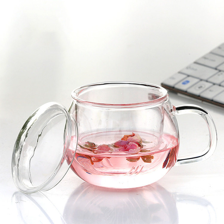 glass cup with lid with transparent creative heat resistant water cup double milk office cup lovers' cup