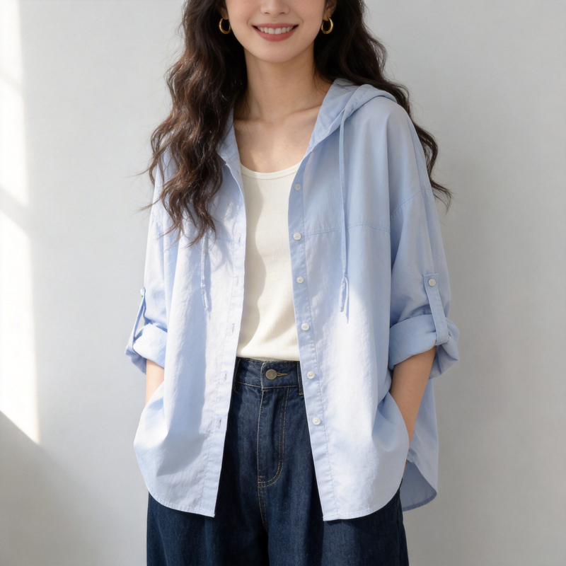Hooded Pure Cotton Long-Sleeved Shirt for Women 2026 Spring and Autum New Style Loose and Lazy Style Casual Sun Protection Clothing Rolled-Sleeve Shirt