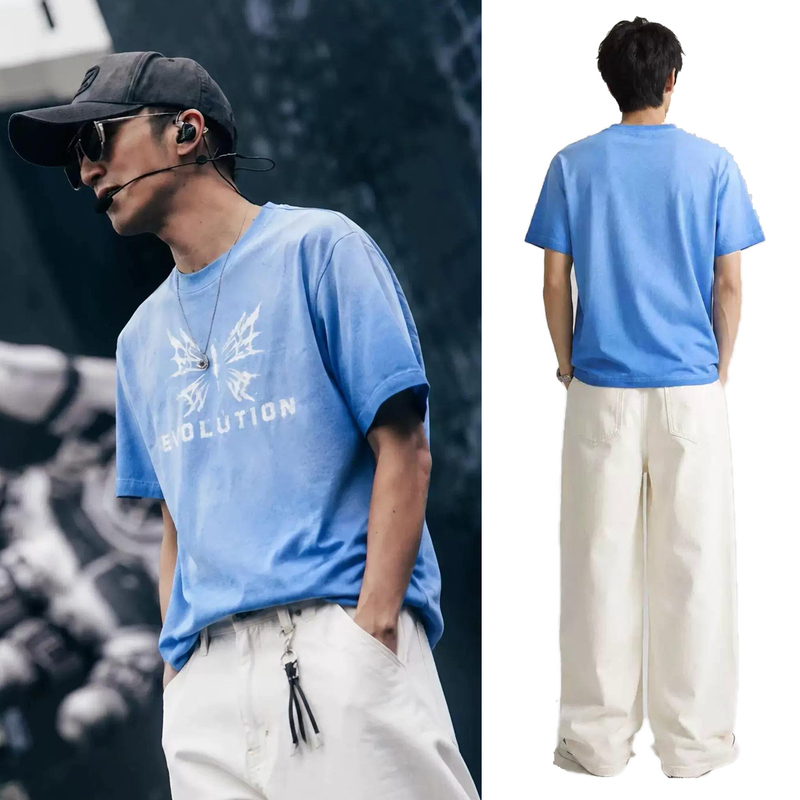 Nicholas Tse Shenyang Concert Merchandise Direct Spray Butterfly Design Same Style Support Short-Sleeve Washed Royal Blue and White T-Shirt Top