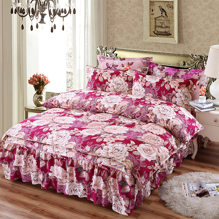 Hàn Quốc tăng gấp đôi dày chải twill dệt giường giường váy một gia đình bốn lớp đầu tiên polyester bedspread 01 - Trang bị tấm ga trải giường spa
