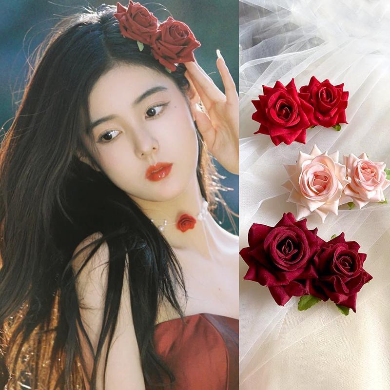 Red Red Design Red Rose Stereo Flower Spring Clamp Photo French Rose Hair Decoration