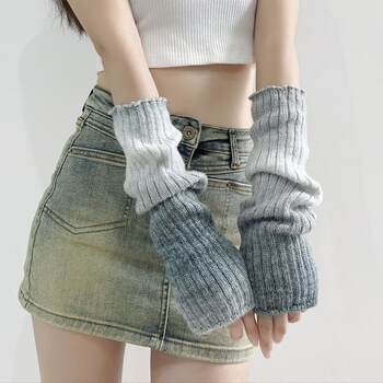 Gradient Color Arm Warmers for Girls, Fashionable Retro Gray Knitted Warm Versatile Arm Sleeves, Jk Style College Style Gloves