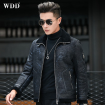 Haining composite fur one-piece mens motorcycle short slim lapel winter new lambskin suede jacket tide