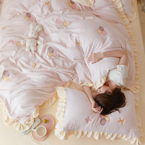 Small fresh milk velvet four-piece winter thickened double-sided coral velvet embroidery quilt cover sheet cartoon bedding