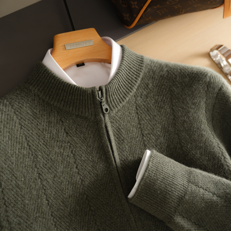 100% Pure Cashmere Sweater for Men, Half-High Collar, Zip-Up Cardigan, Thickened with Pockets, Knitted Sweater