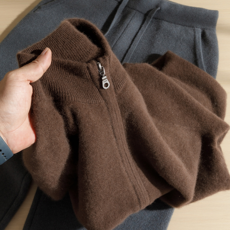 100% Pure Cashmere Sweater for Men, Half Turtleneck, Yyk Zipper, Cardigan with Pockets, Solid Color, Thick Knit, Warm