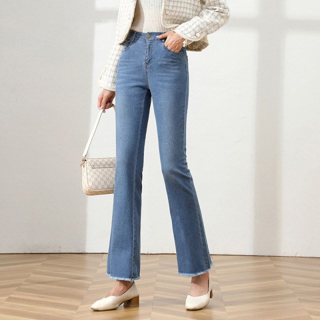 Denim micro-flare pants high waist 2024 spring new nine-point straight raw edge flare jeans women's pants